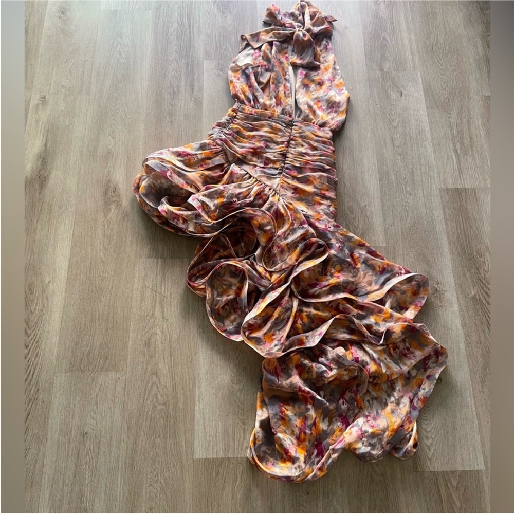 NWT Elliott historical watercolor print high neck asymmetrical gown dress size s